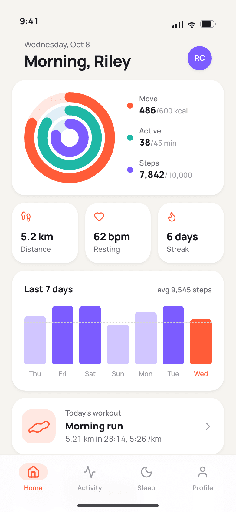 Stride home screen with activity rings, three stat tiles, a seven-day step chart and today’s run