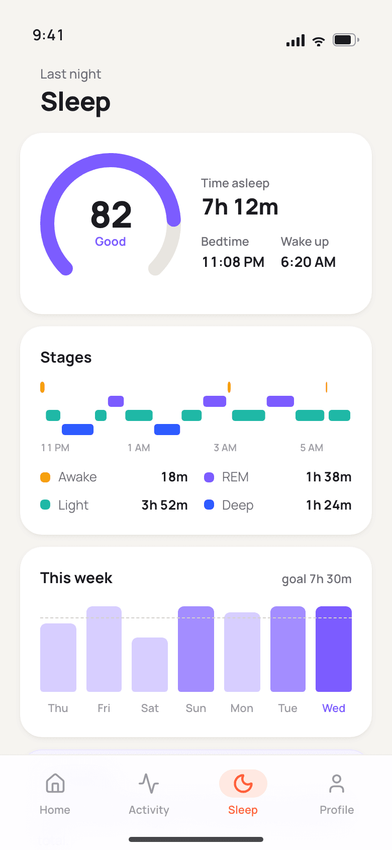 Stride sleep screen with a sleep score, bedtime and wake time, a stages timeline and a weekly chart