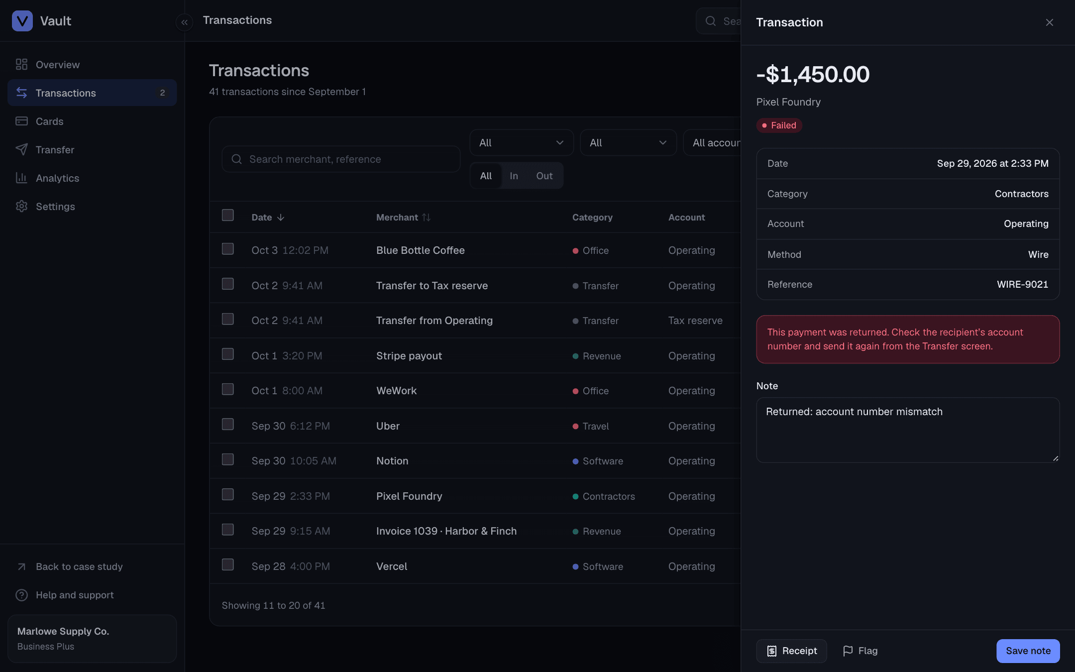 Vault transactions in the dark theme with the detail drawer open on a returned wire