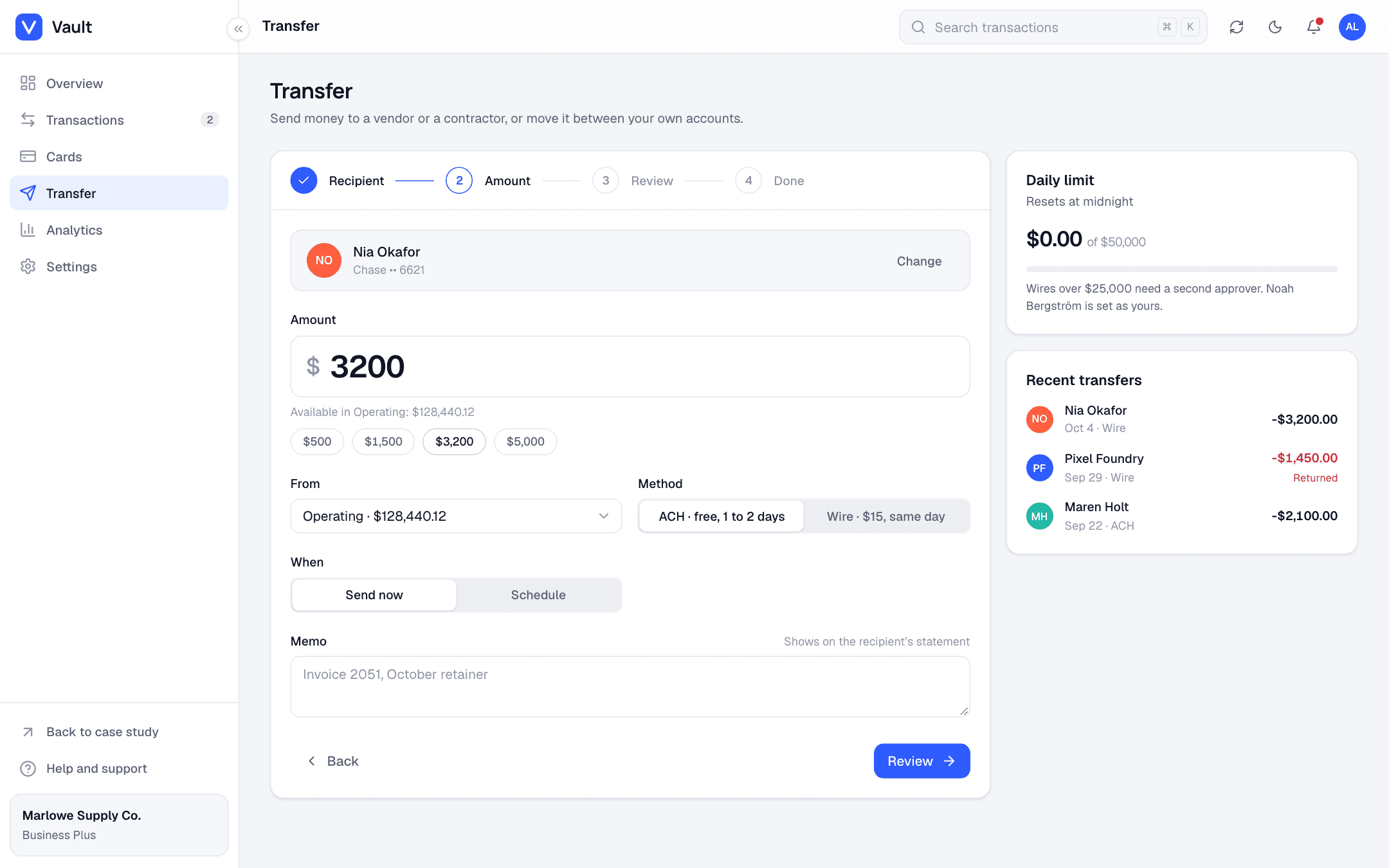 Vault transfer flow at the amount step, with the recipient, amount, account, method and schedule fields